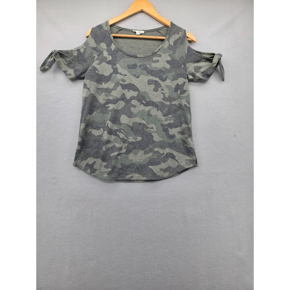Jane and Delancey Camo Cold Shoulder Top Tie Sleeve Camouflage Shirt Green Small